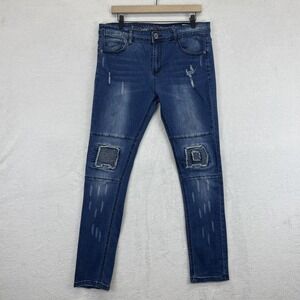 Ravmen Black Label Jeans Mens 34 Distressed Moto Knee Panel Stretch Blue Ripped